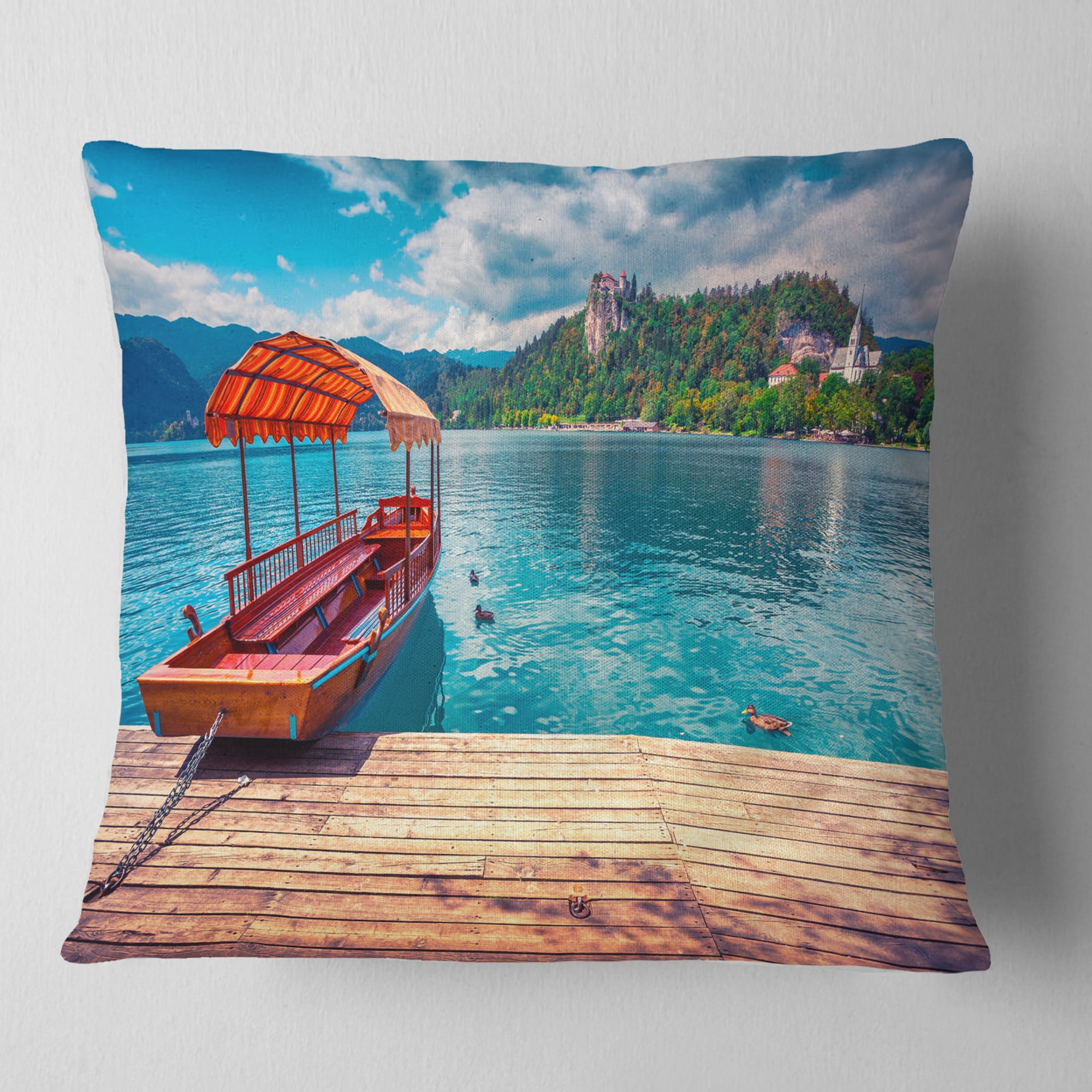 Designart Boat in Lake Bled In Julian Alps - Landscape Printed Throw Pillow - 18x18