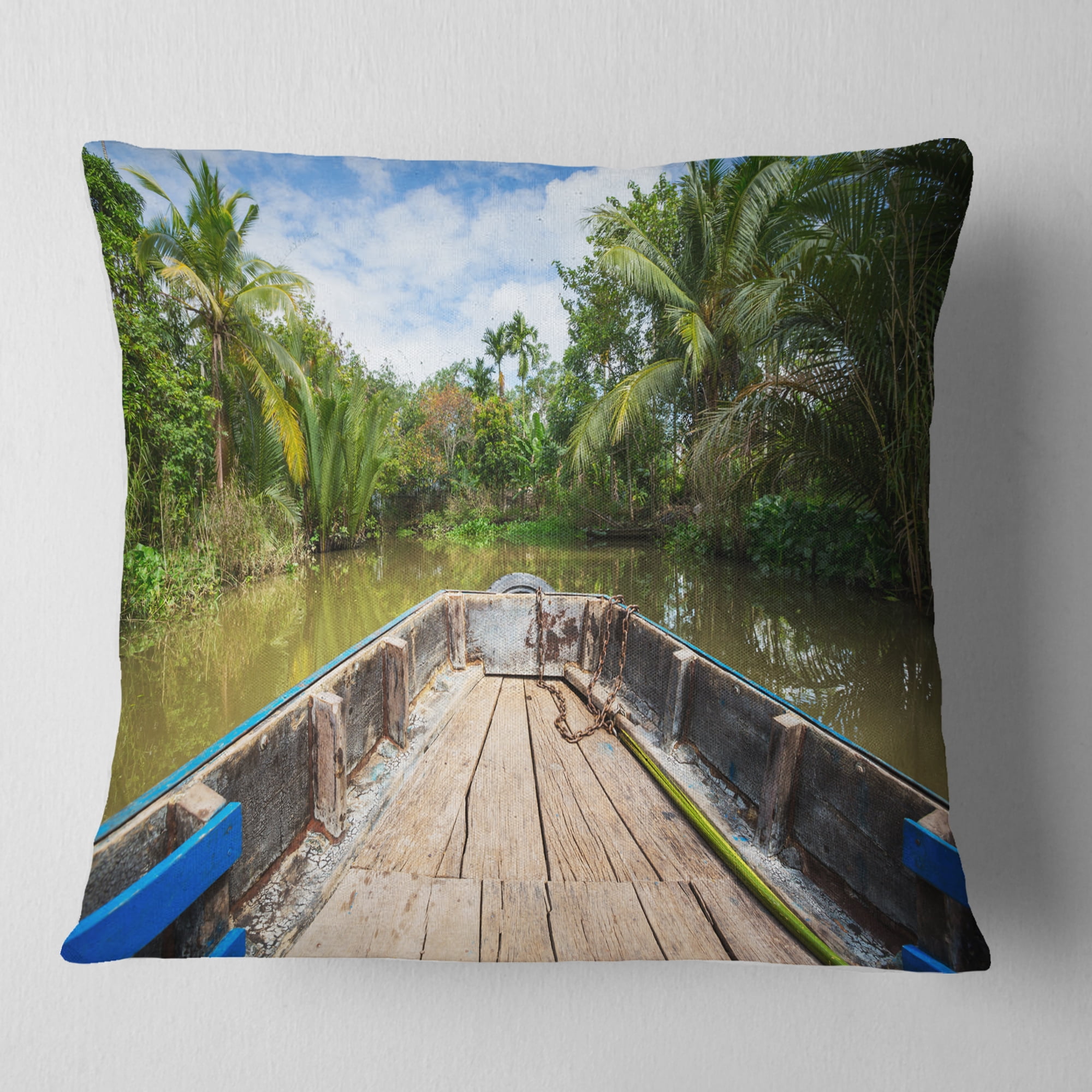 Designart Boat in Mekong River Vietnam - Landscape Printed Throw Pillow - 18x18