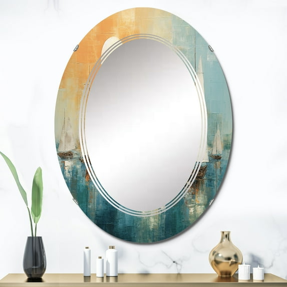 Designart "Boat modern Coastline I" Boat Round Wall Mirror - Modern Oval Printed Decorative Oversized Mirror - Multiple Color Options