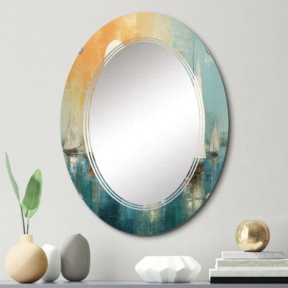 Designart "Boat modern Coastline I" Boat Round Wall Mirror - Modern Oval Printed Decorative Oversized Mirror - Multiple Color Options