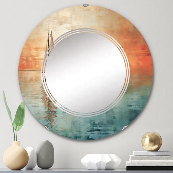 Designart "Boat modern Coastline II" Boat Round Wall Mirror - Modern Oval Printed Decorative Oversized Mirror - Multiple Color Options
