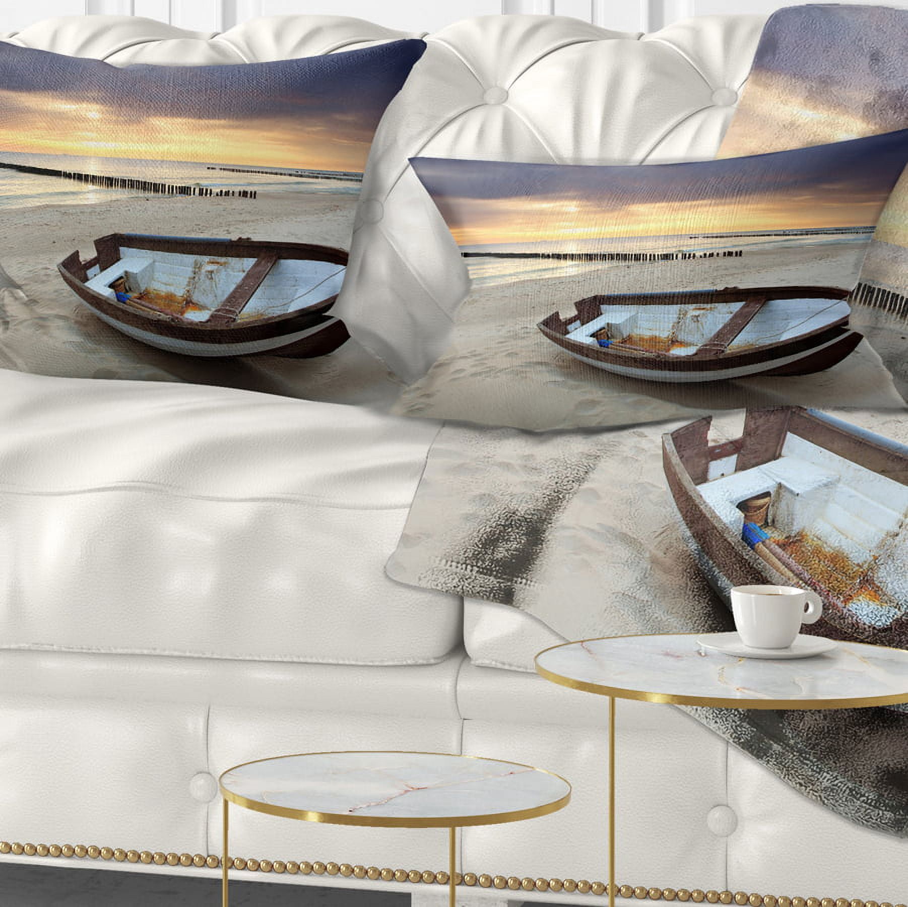 Designart Boat on Beautiful Sunrise Seashore - Beach Throw Pillow - 12x20