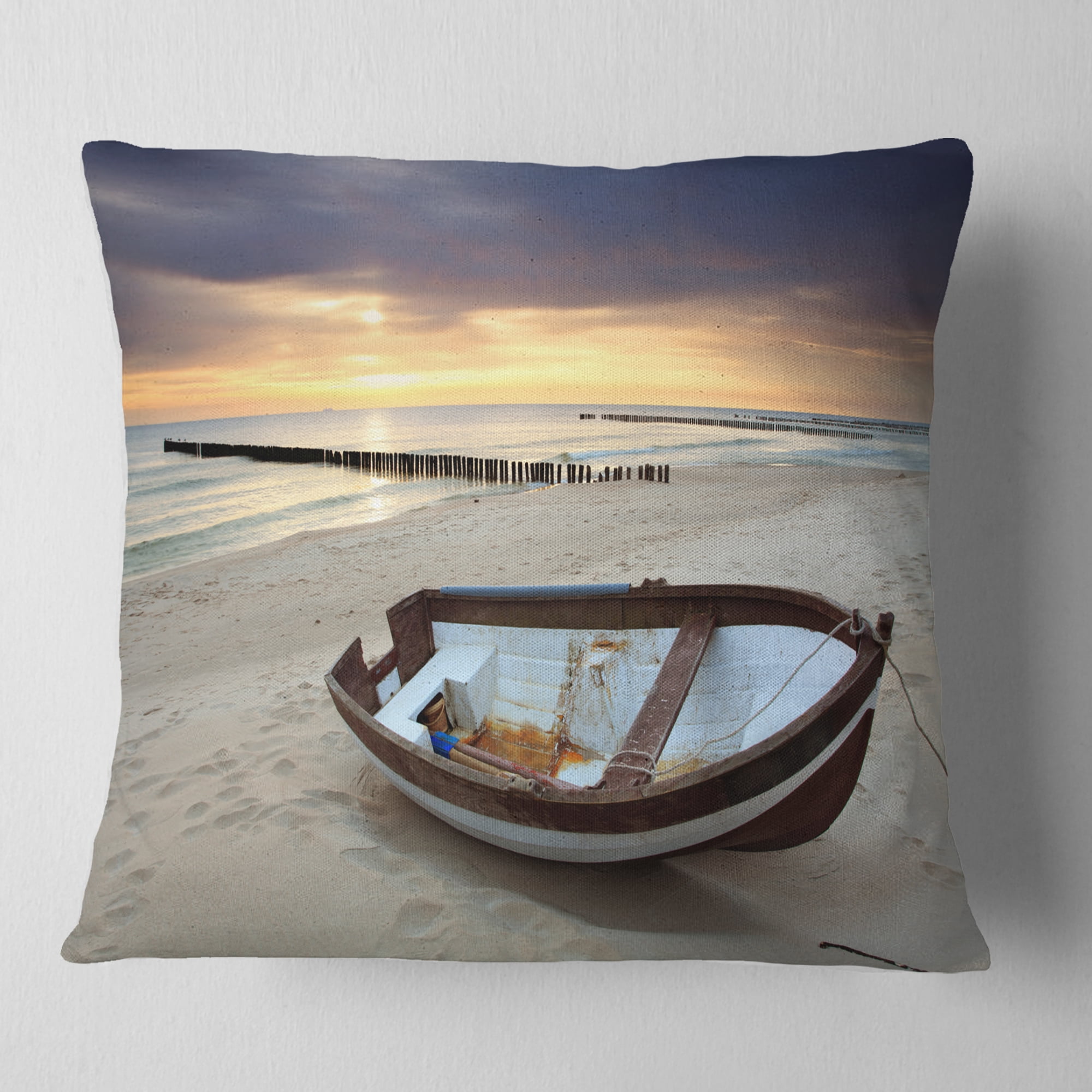 Designart Boat on Beautiful Sunrise Seashore - Beach Throw Pillow - 16x16