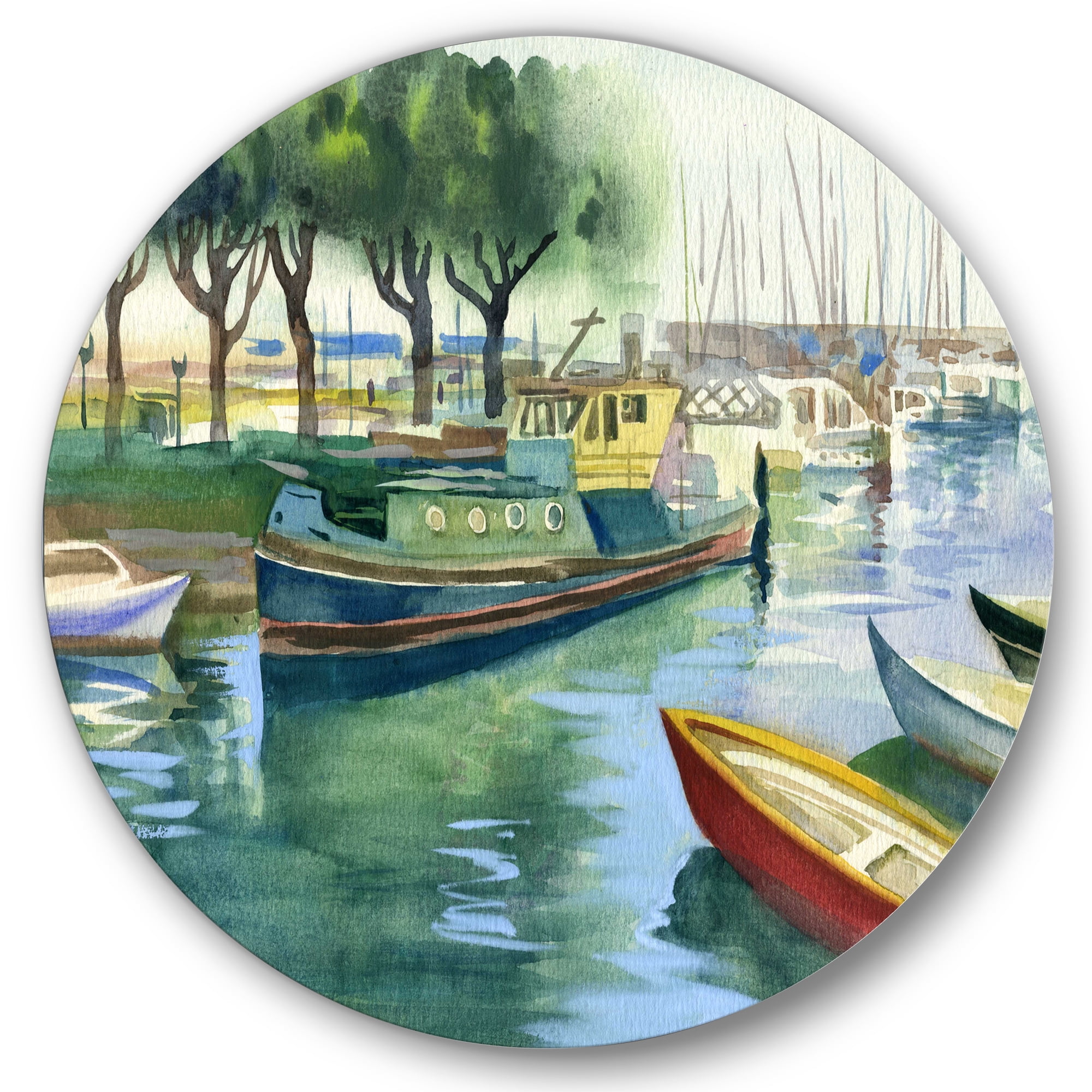 Designart 'Boats At The Lake in Green Spring' Traditional Circle Metal Wall Art 11x11 - Disc of 11