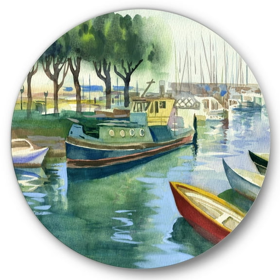 Designart 'Boats At The Lake in Green Spring' Traditional Circle Metal Wall Art 36x36 - Disc of 36