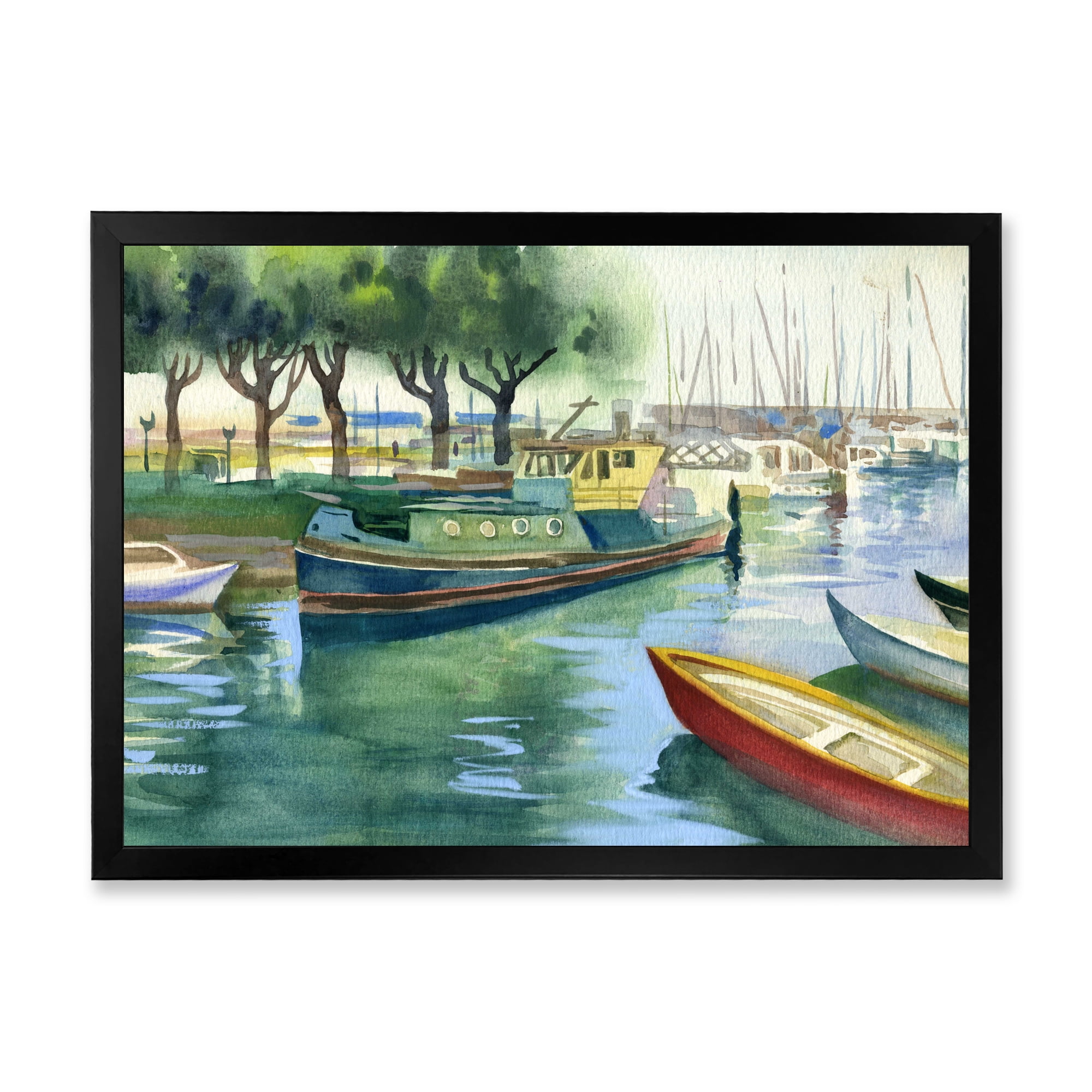 Designart 'Boats At The Lake in Green Spring' Traditional Framed Art Print