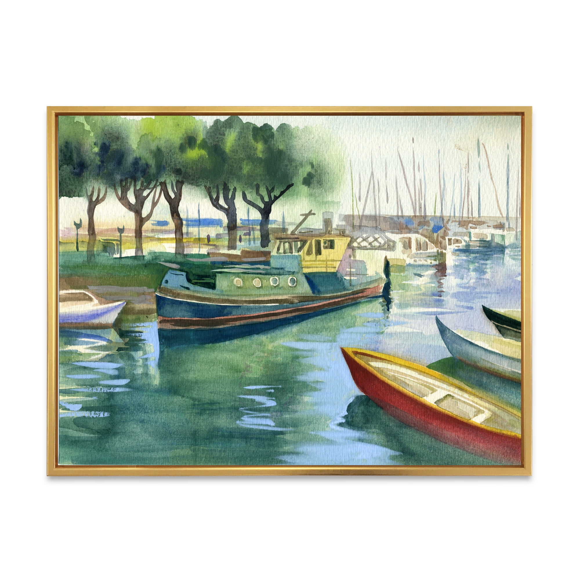 Designart 'Boats At The Lake in Green Spring' Traditional Framed Canvas Wall Art Print