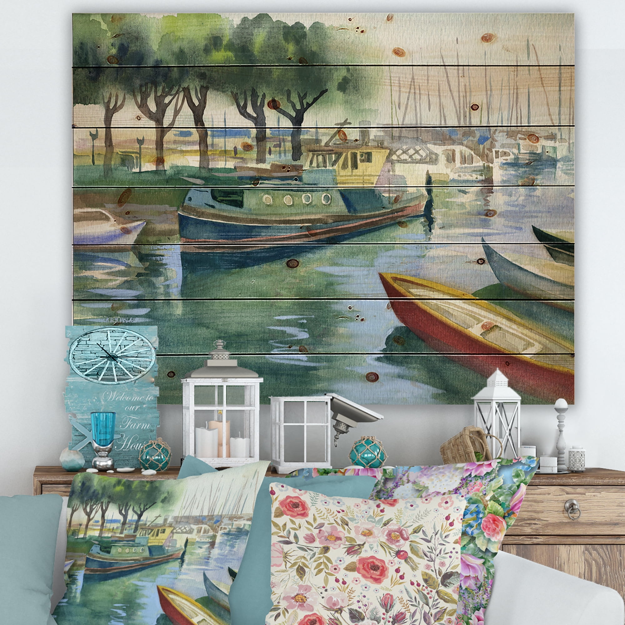 Designart 'Boats At The Lake in Green Spring' Traditional Print on Natural Pine Wood