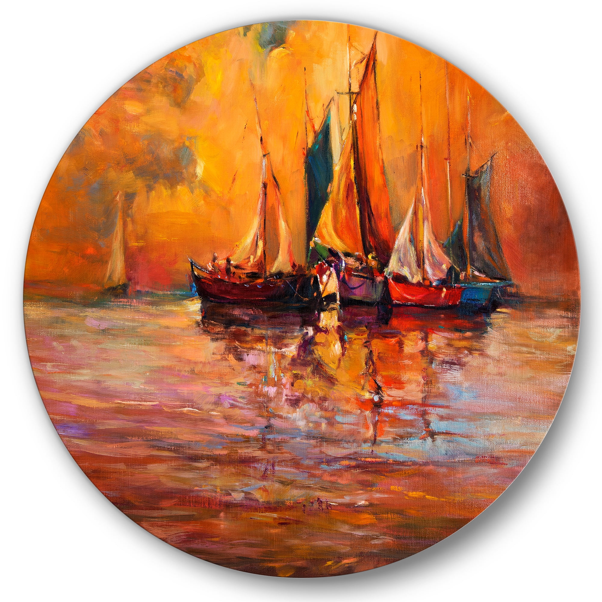 Designart 'Boats During Evening Sunset In The Ocean I' Nautical & Coastal Circle Metal Wall Art 29x29 - Disc of 29