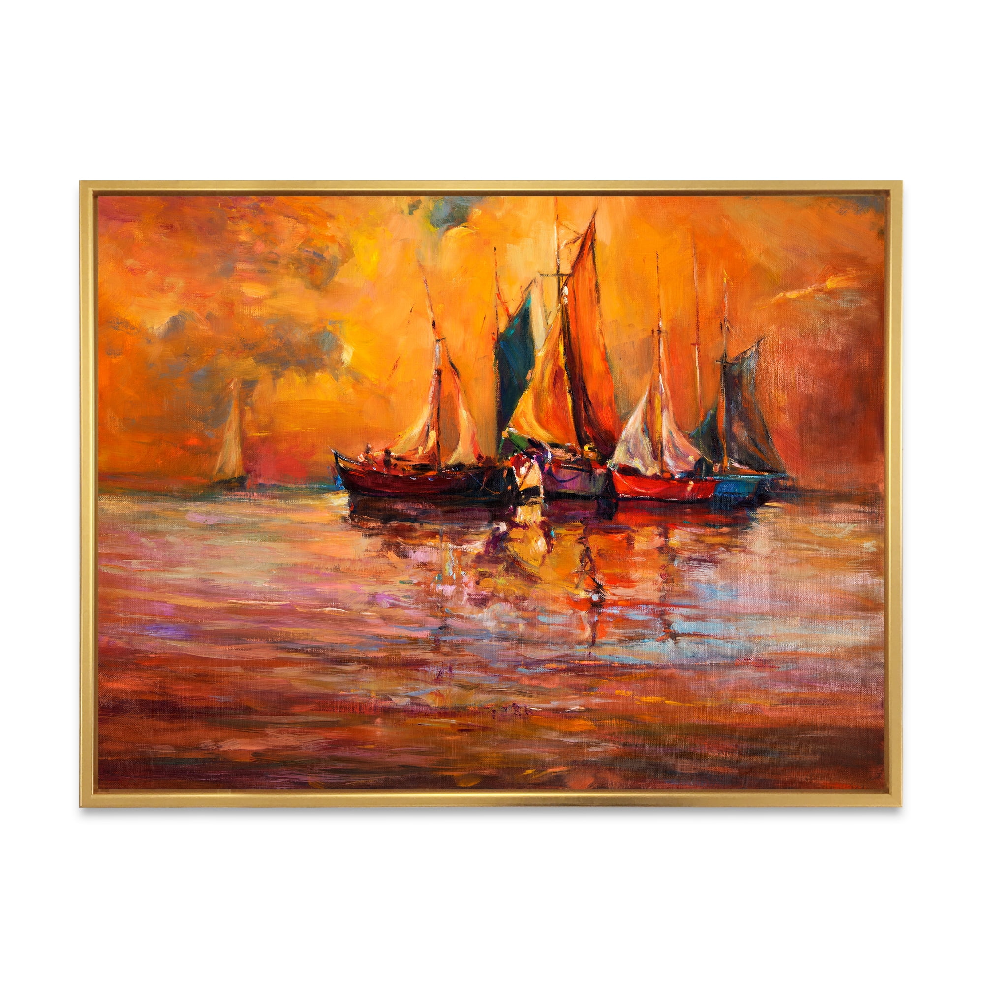 Designart 'Boats During Evening Sunset In The Ocean I' Nautical & Coastal Framed Canvas Wall Art Print