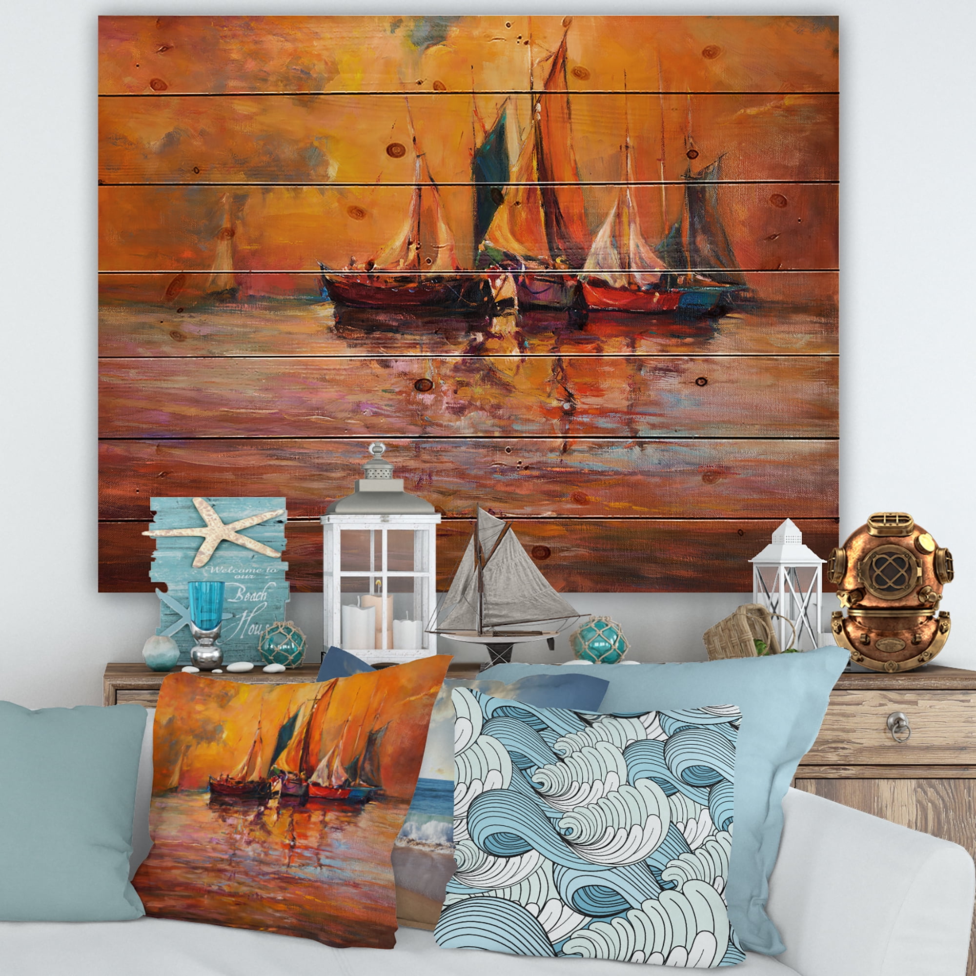 Designart 'Boats During Evening Sunset In The Ocean I' Nautical & Coastal Print on Natural Pine Wood