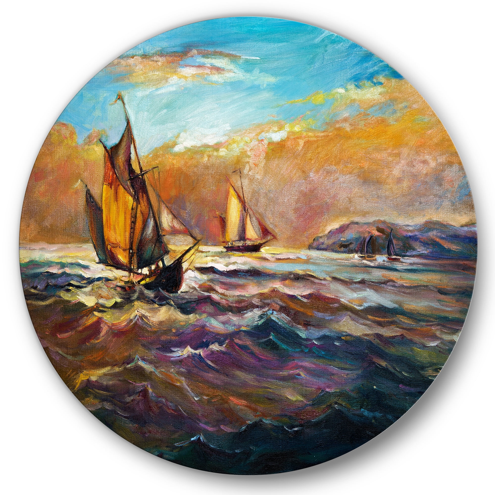 Designart 'Boats During Evening Sunset In The Ocean II' Nautical & Coastal Circle Metal Wall Art 29x29 - Disc of 29