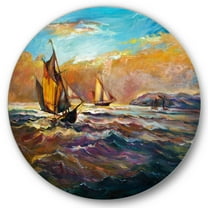 Designart 'Boats During Evening Sunset In The Ocean II' Nautical & Coastal Circle Metal Wall Art 36x36 - Disc of 36