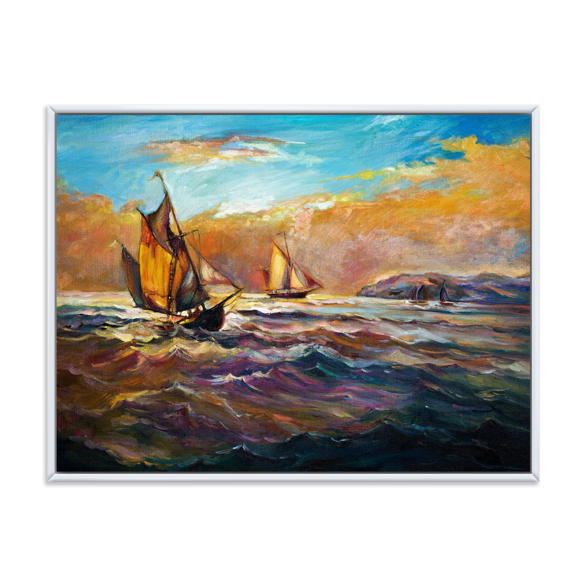 Designart 'Boats During Evening Sunset In The Ocean II' Nautical & Coastal Framed Canvas Wall Art Print