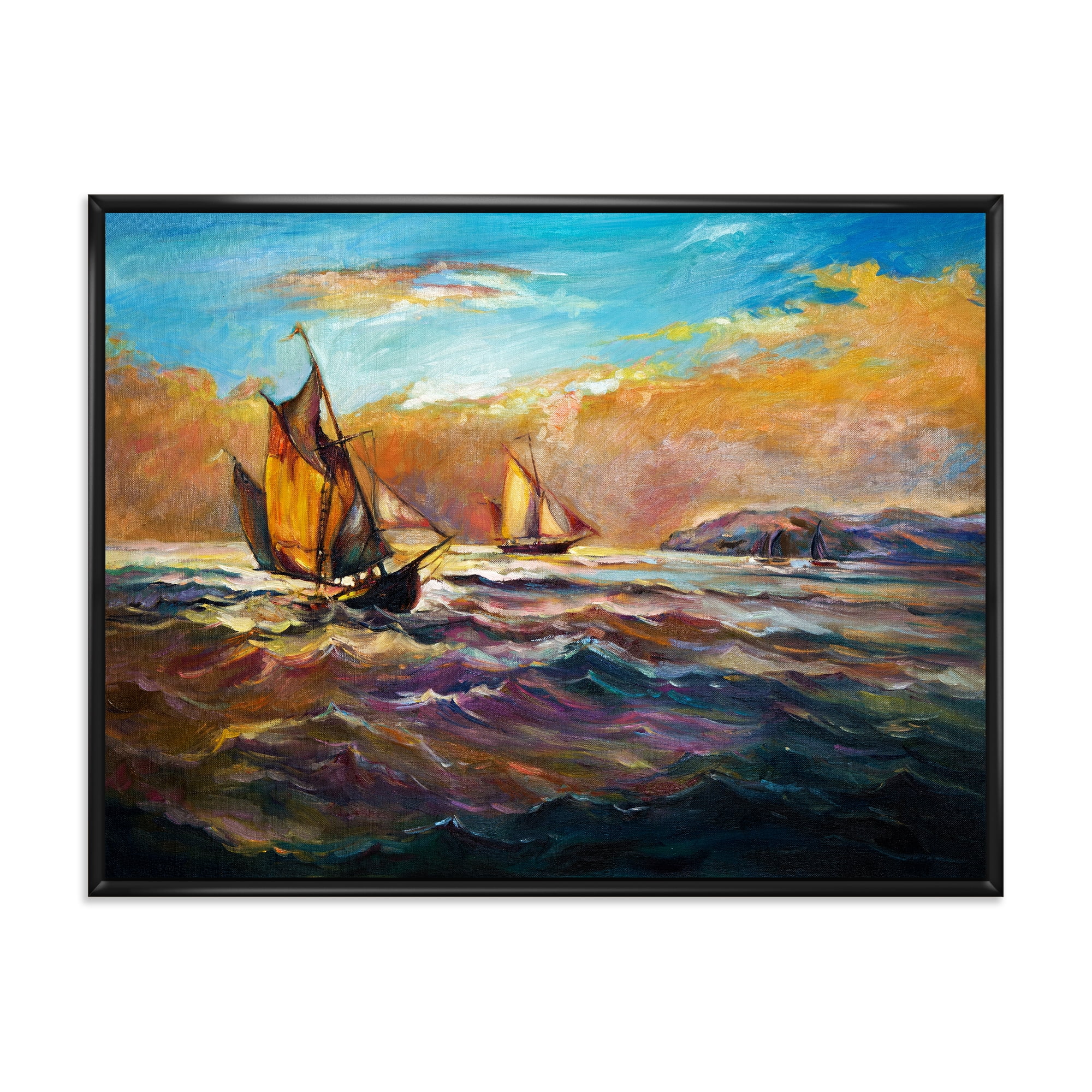 Designart 'Boats During Evening Sunset In The Ocean II' Nautical & Coastal Framed Canvas Wall Art Print