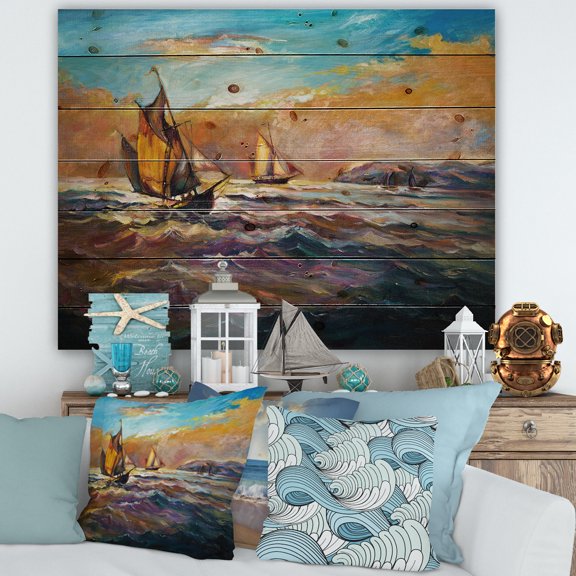 Designart 'Boats During Evening Sunset In The Ocean II' Nautical & Coastal Print on Natural Pine Wood