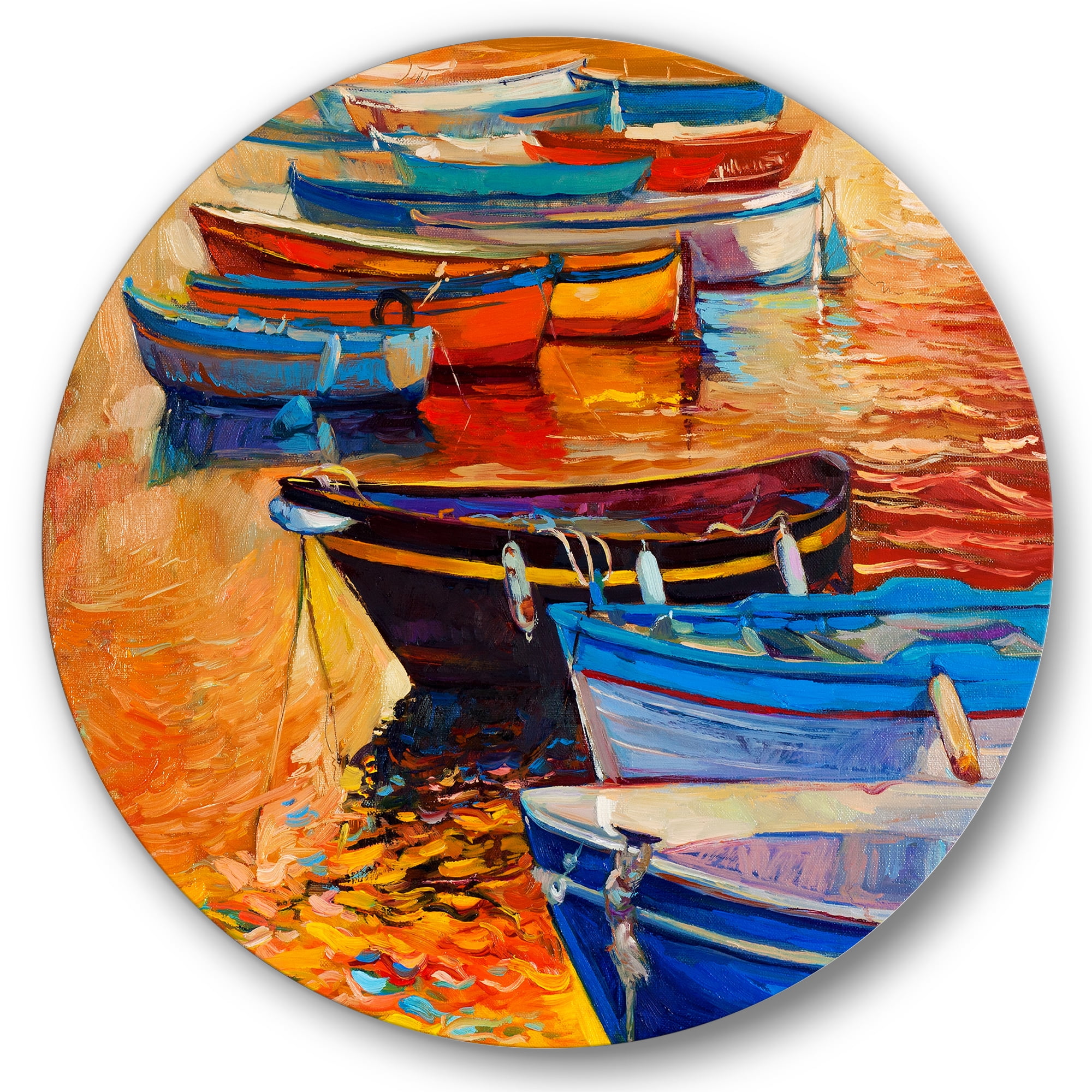 Designart 'Boats During Warm Colourd Sunset In The Harbor I' Nautical & Coastal Circle Metal Wall Art 29x29 - Disc of 29