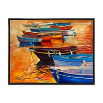 Designart 'Boats During Warm Colourd Sunset In The Harbor I' Nautical & Coastal Framed Canvas Wall Art Print