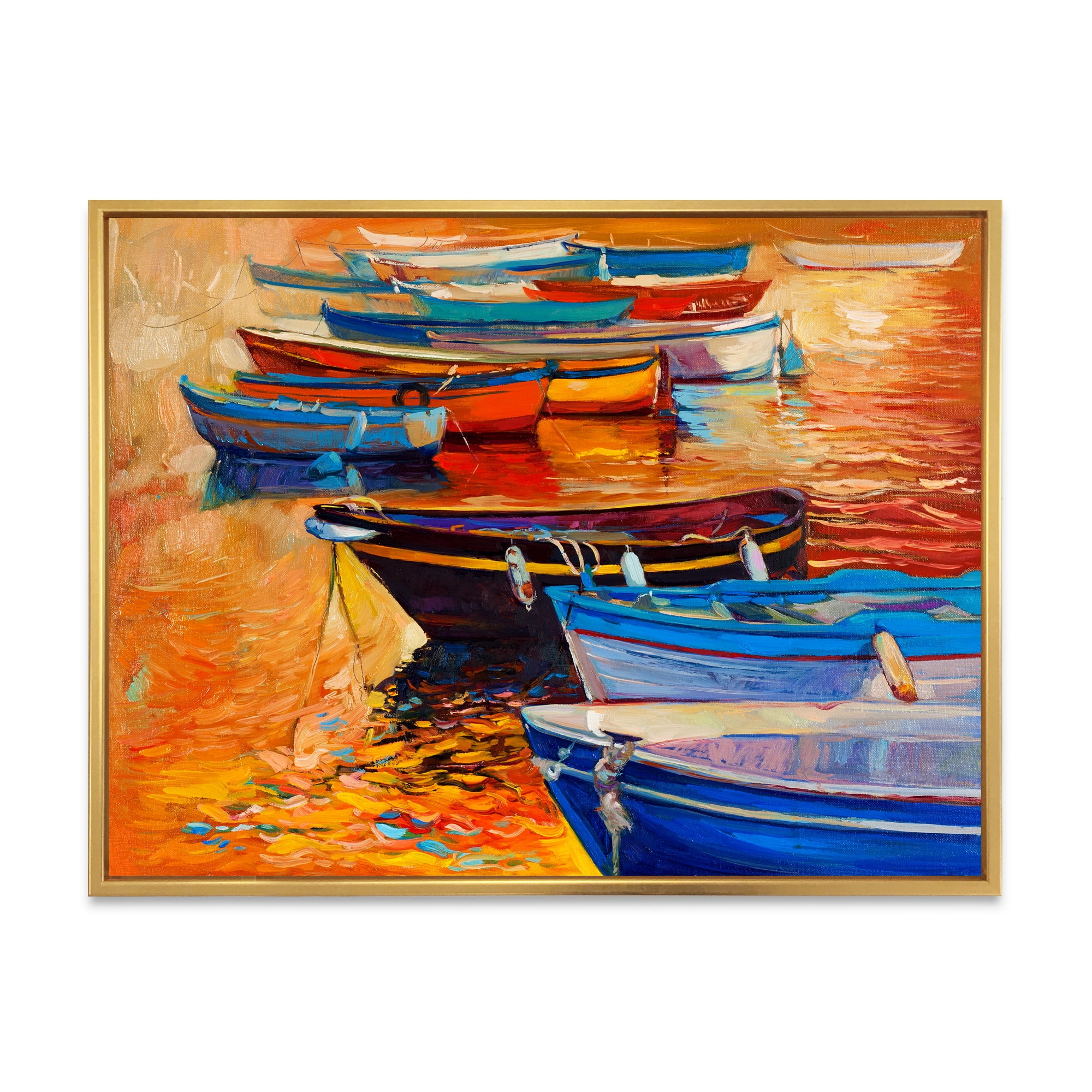 Designart 'Boats During Warm Colourd Sunset In The Harbor I' Nautical & Coastal Framed Canvas Wall Art Print
