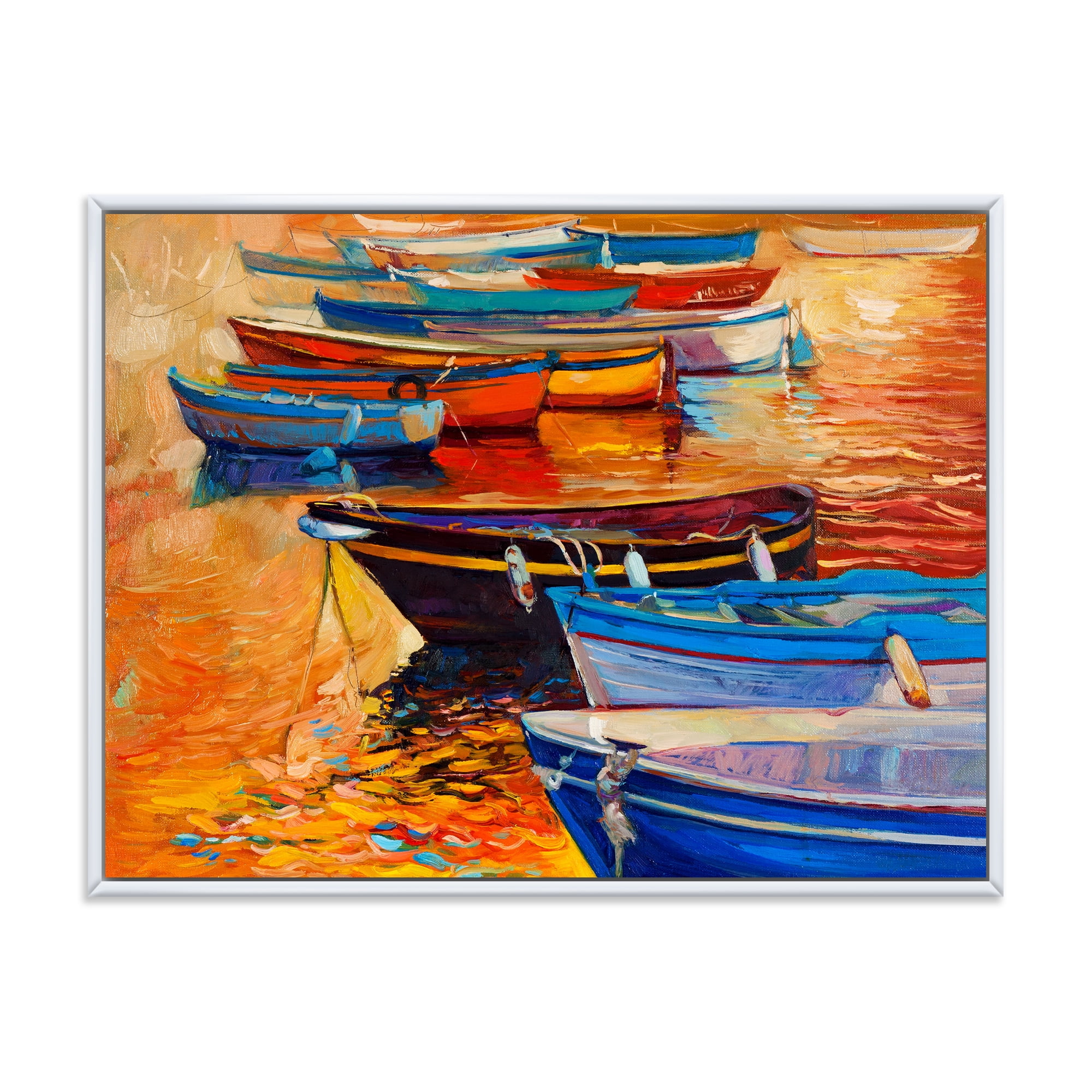 Designart 'Boats During Warm Colourd Sunset In The Harbor I' Nautical & Coastal Framed Canvas Wall Art Print