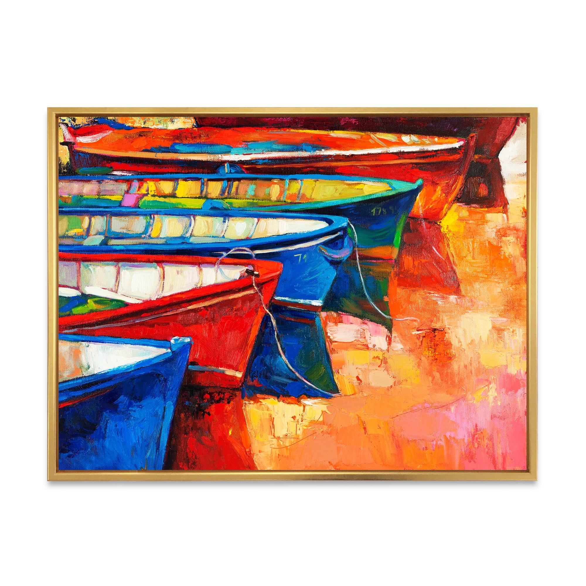Designart 'Boats During Warm Colourd Sunset In The Harbor II' Nautical & Coastal Framed Canvas Wall Art Print