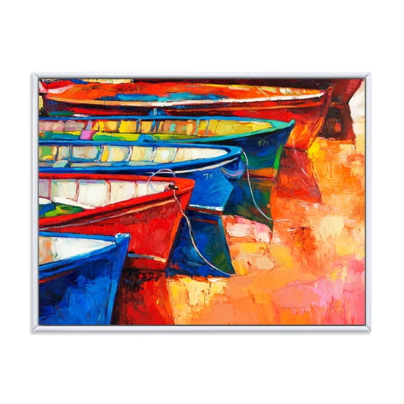 Designart 'Boats During Warm Colourd Sunset In The Harbor II' Nautical & Coastal Framed Canvas Wall Art Print