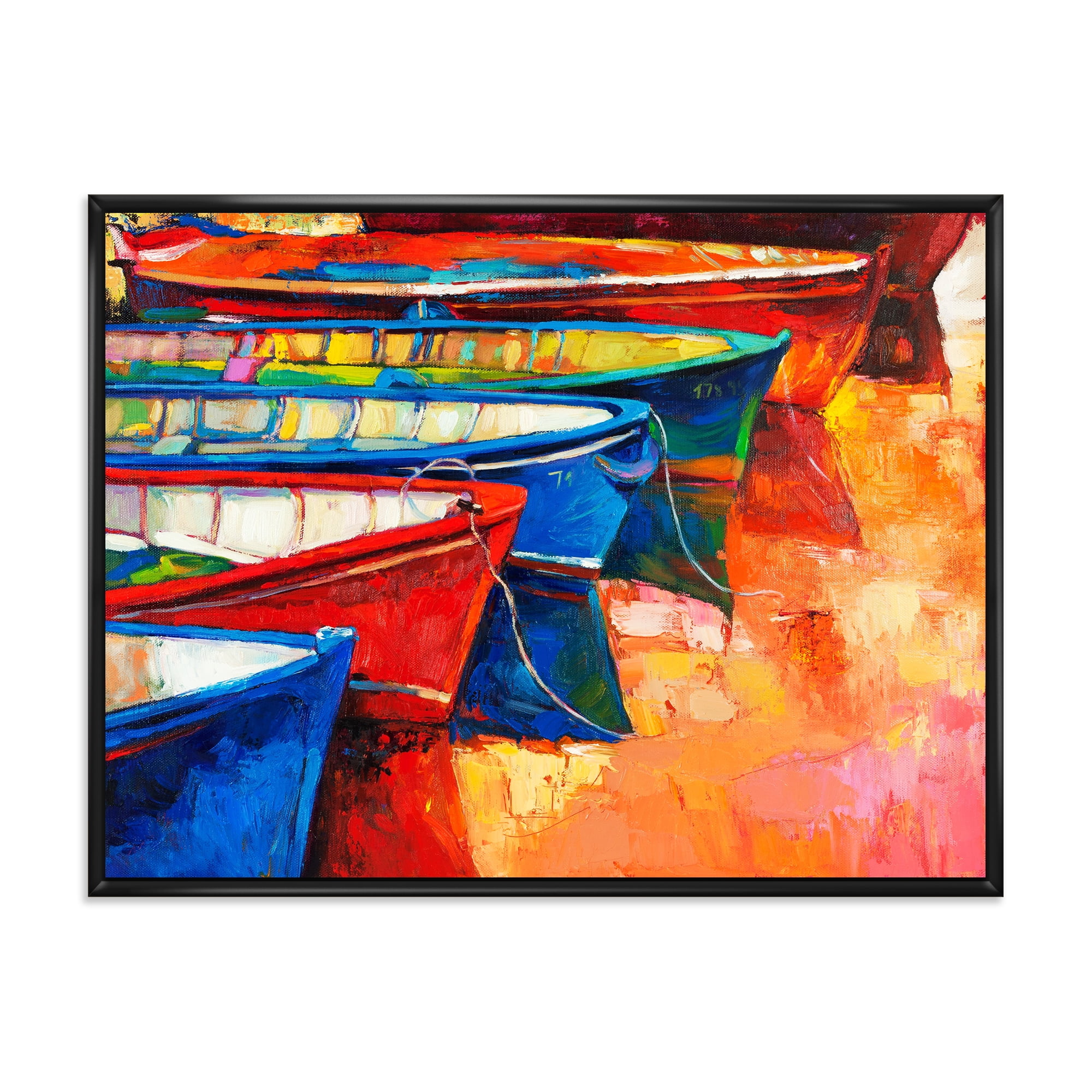 Designart 'Boats During Warm Colourd Sunset In The Harbor II' Nautical & Coastal Framed Canvas Wall Art Print