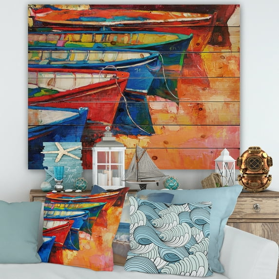 Designart 'Boats During Warm Colourd Sunset In The Harbor II' Nautical & Coastal Print on Natural Pine Wood
