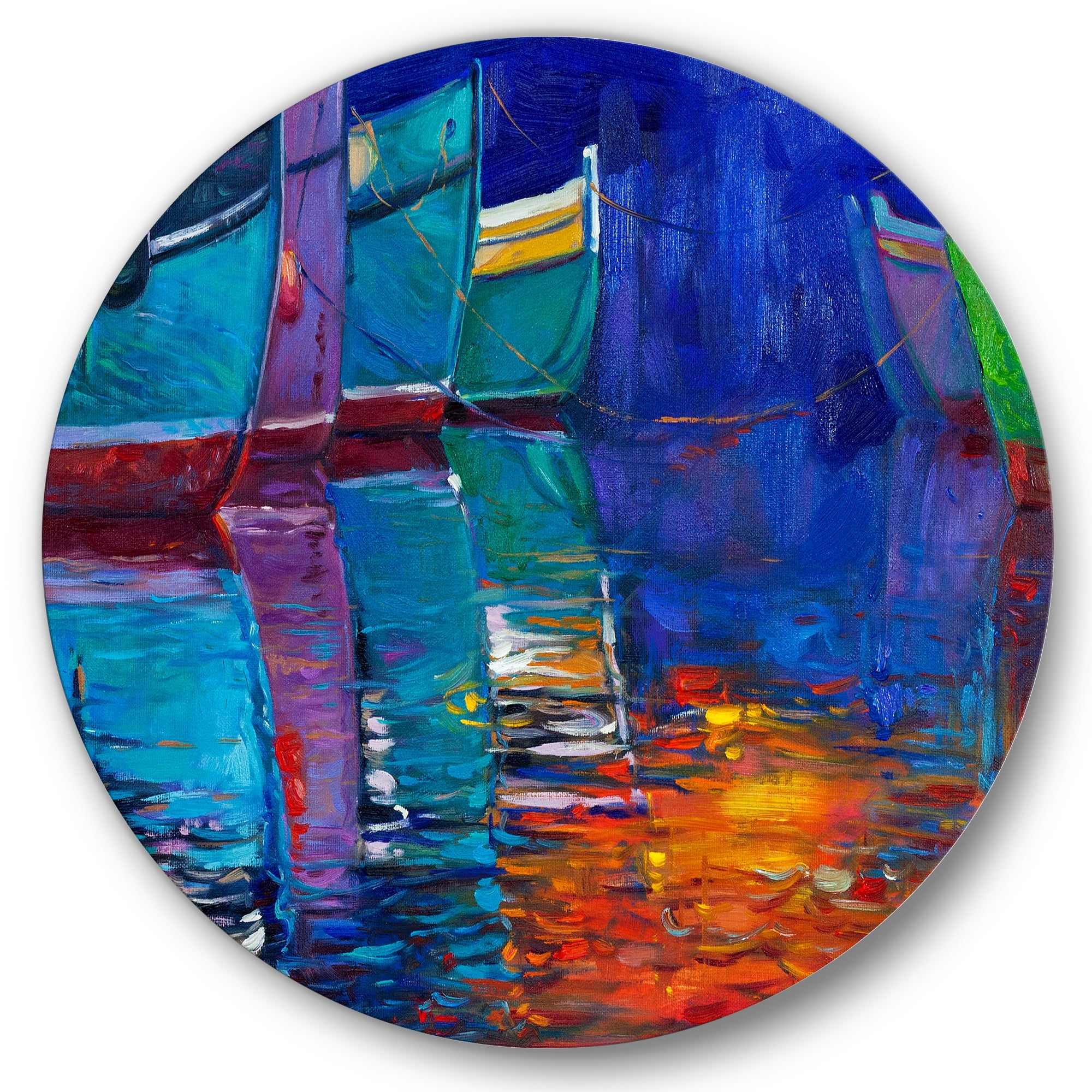 Designart 'Boats During Warm Sunset Resting On The Water I' Nautical & Coastal Circle Metal Wall Art 11x11 - Disc of 11