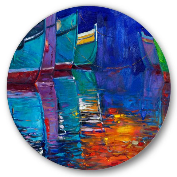 Designart 'Boats During Warm Sunset Resting On The Water I' Nautical & Coastal Circle Metal Wall Art 23x23 - Disc of 23
