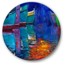 Designart 'Boats During Warm Sunset Resting On The Water I' Nautical & Coastal Circle Metal Wall Art 36x36 - Disc of 36