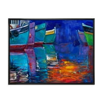 Designart 'Boats During Warm Sunset Resting On The Water I' Nautical & Coastal Framed Canvas Wall Art Print