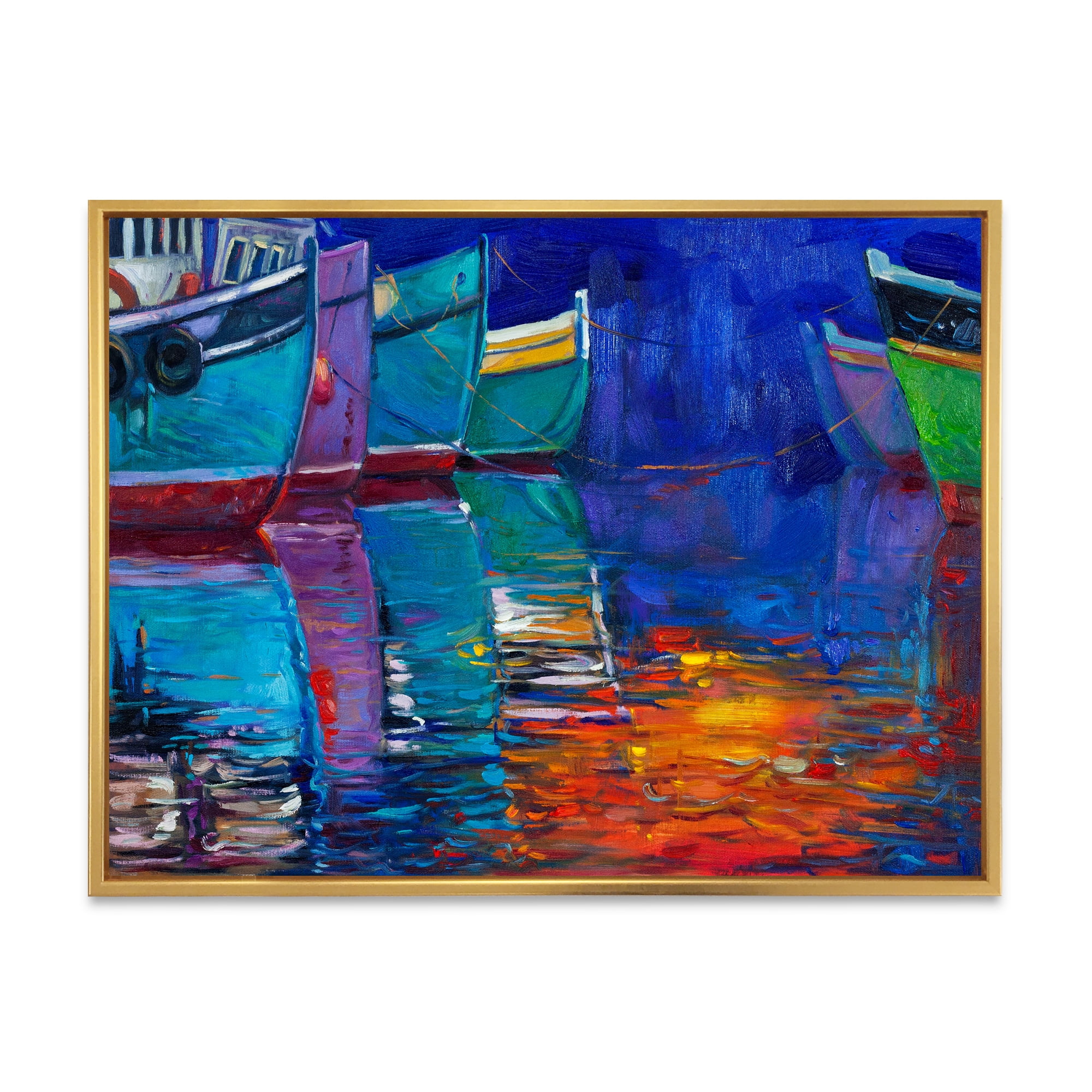 Designart 'Boats During Warm Sunset Resting On The Water I' Nautical & Coastal Framed Canvas Wall Art Print