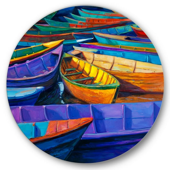 Designart 'Boats During Warm Sunset Resting On The Water II' Nautical & Coastal Circle Metal Wall Art 11x11 - Disc of 11