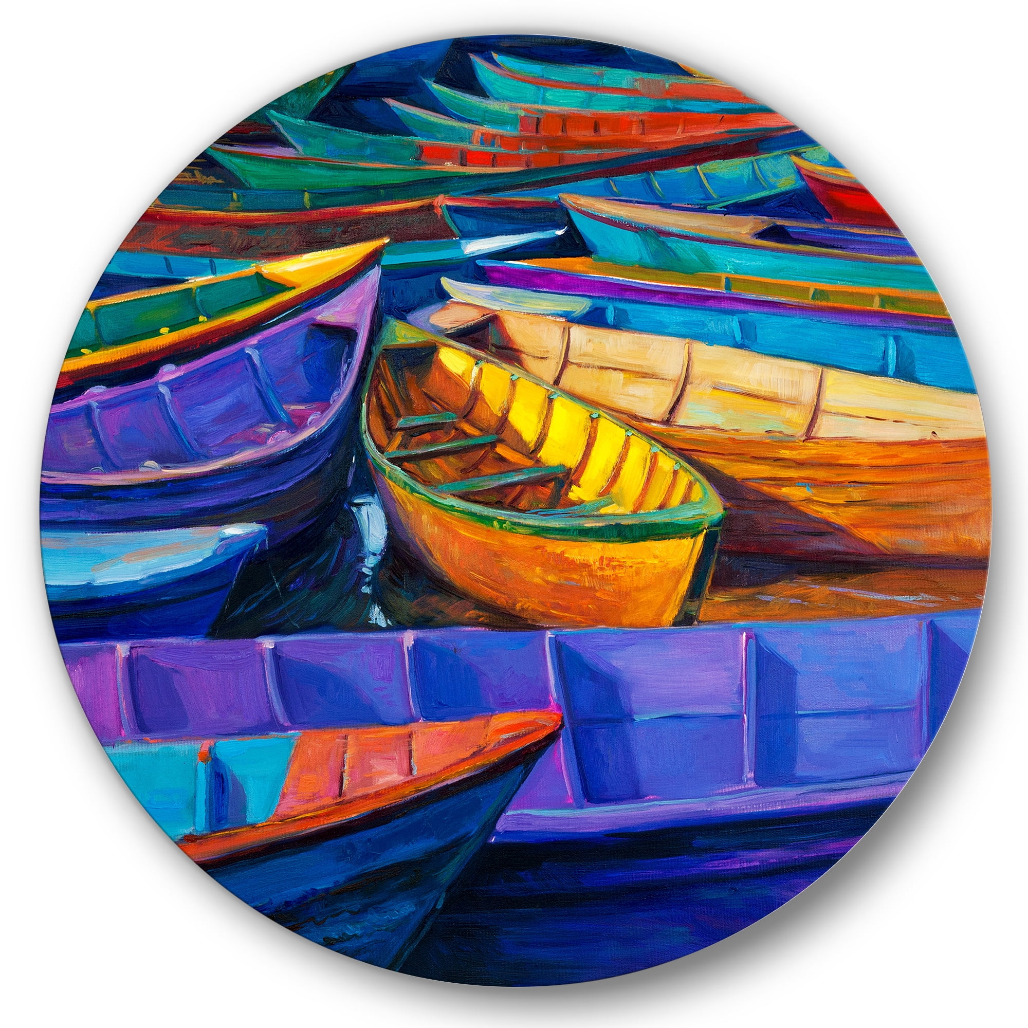 Designart 'Boats During Warm Sunset Resting On The Water II' Nautical & Coastal Circle Metal Wall Art 23x23 - Disc of 23