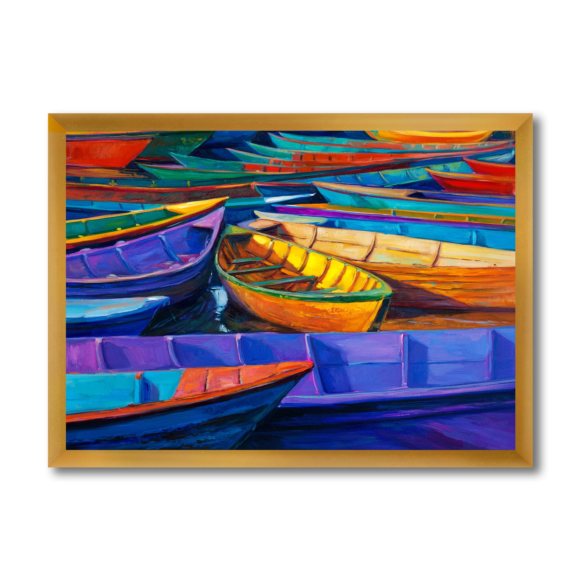 Designart 'Boats During Warm Sunset Resting On The Water II' Nautical & Coastal Framed Art Print