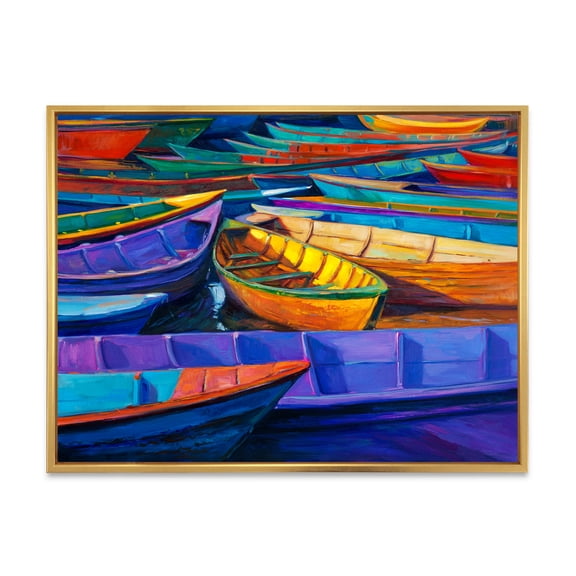 Designart 'Boats During Warm Sunset Resting On The Water II' Nautical & Coastal Framed Canvas Wall Art Print