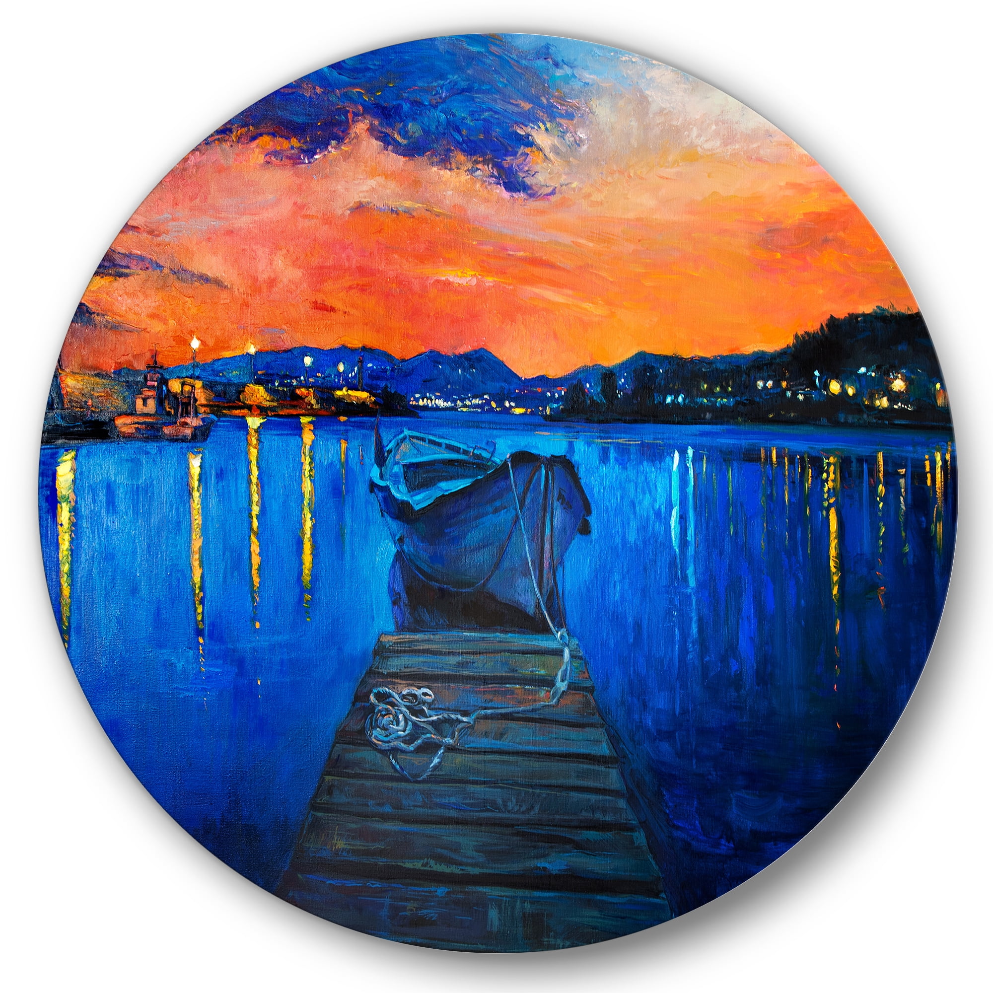 Designart 'Boats During Warm Sunset Resting On The Water III' Nautical & Coastal Circle Metal Wall Art 29x29 - Disc of 29