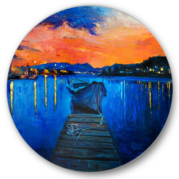 Designart 'Boats During Warm Sunset Resting On The Water III' Nautical & Coastal Circle Metal Wall Art 36x36 - Disc of 36