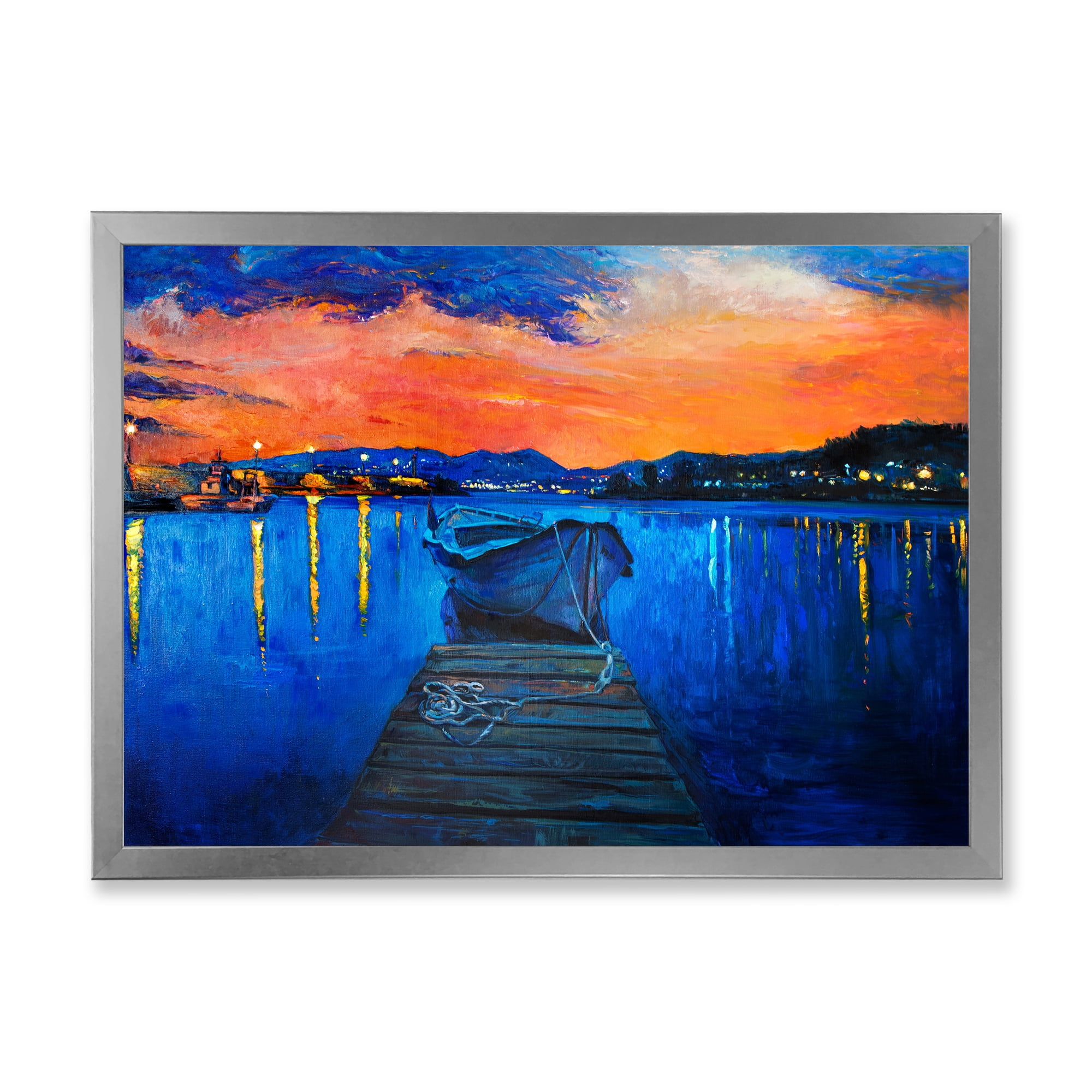 Designart 'Boats During Warm Sunset Resting On The Water III' Nautical & Coastal Framed Art Print