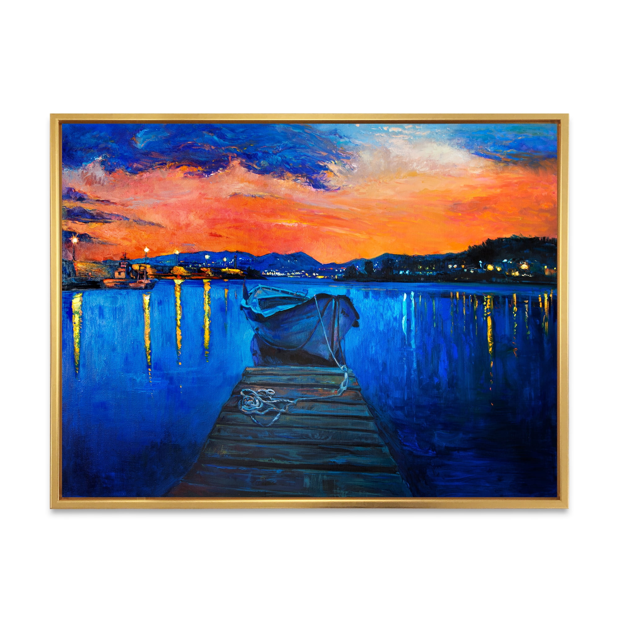 Designart 'Boats During Warm Sunset Resting On The Water III' Nautical & Coastal Framed Canvas Wall Art Print