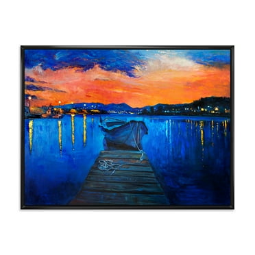 Designart 'Boats During Warm Sunset Resting On The Water III' Nautical & Coastal Framed Canvas Wall Art Print