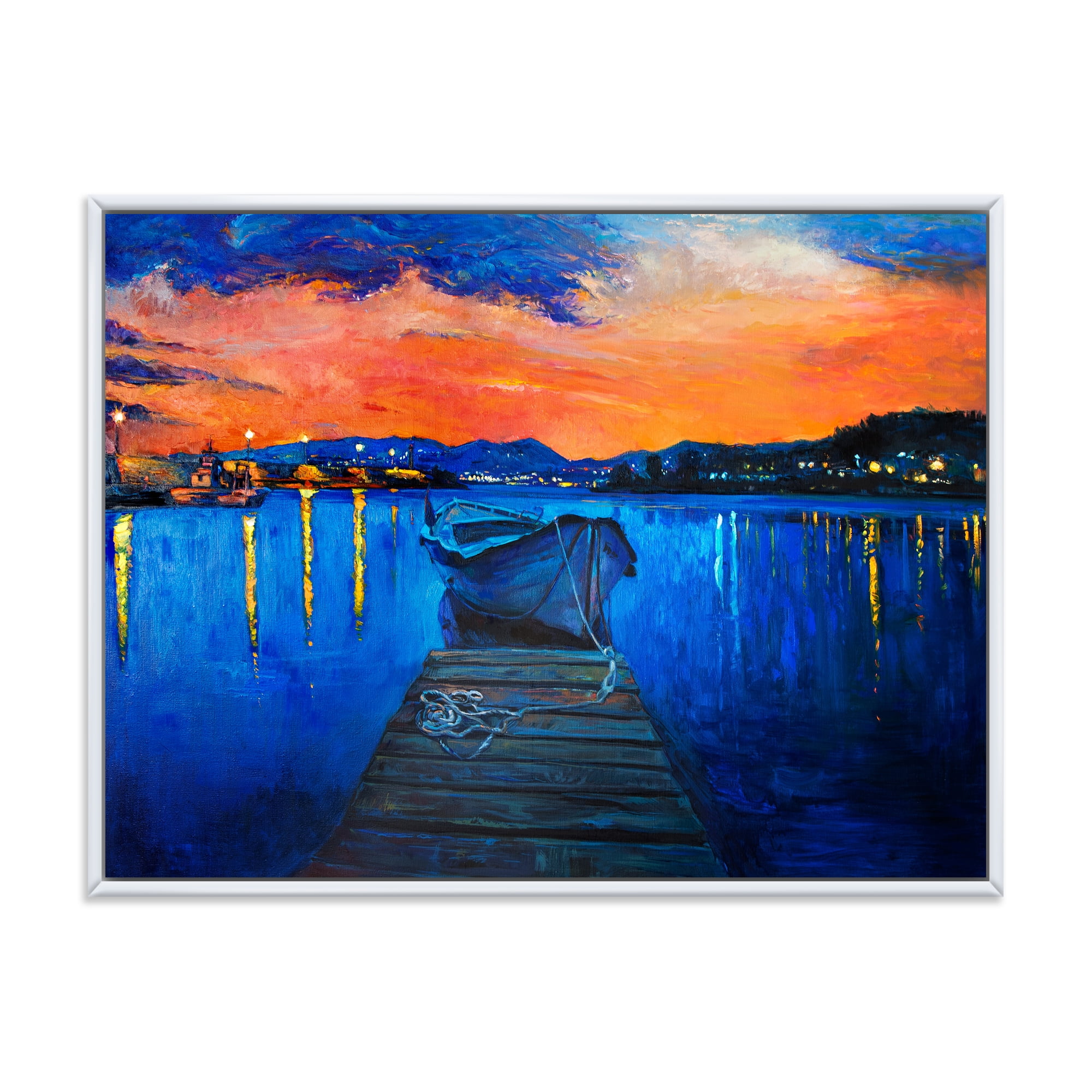Designart 'Boats During Warm Sunset Resting On The Water III' Nautical & Coastal Framed Canvas Wall Art Print