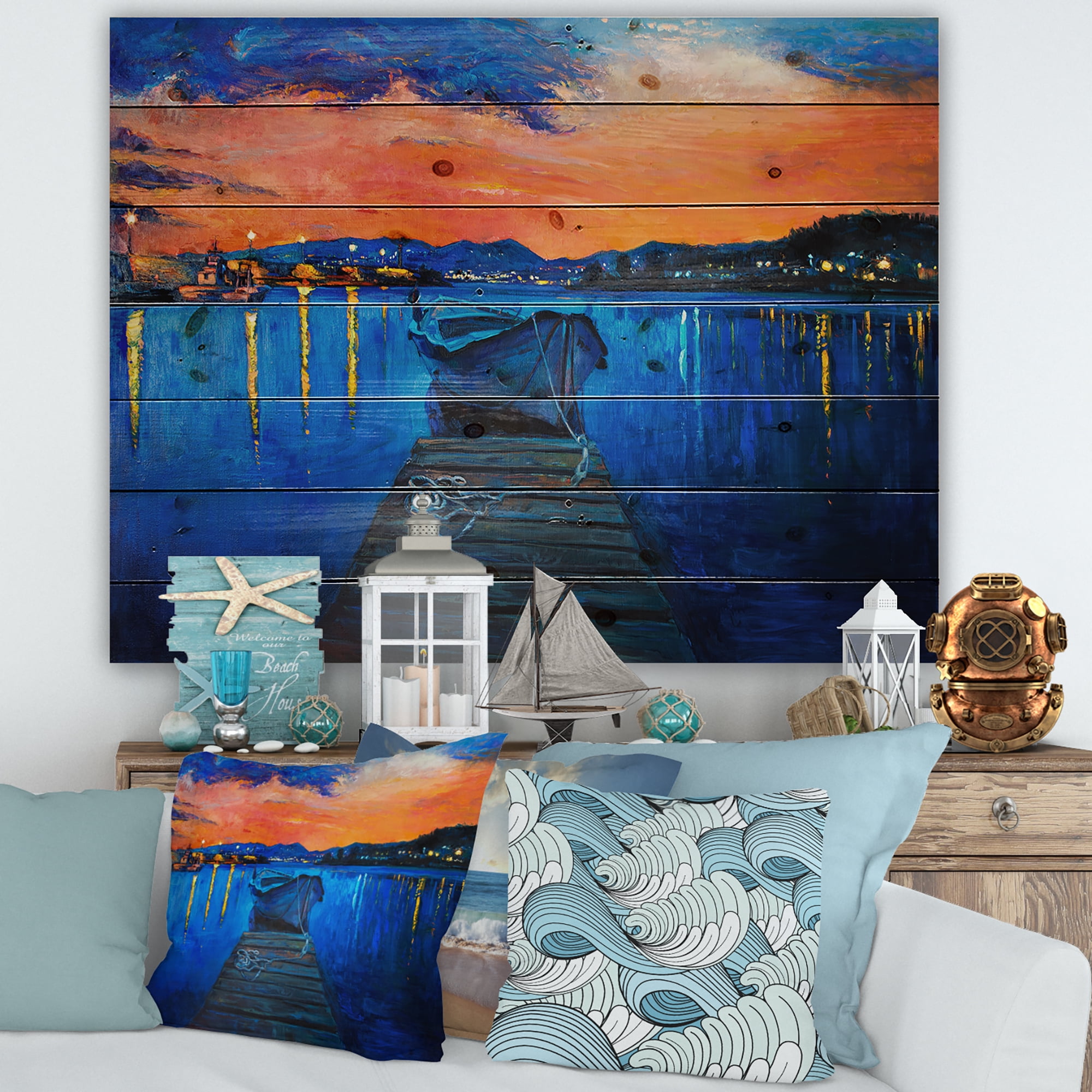 Designart 'Boats During Warm Sunset Resting On The Water III' Nautical & Coastal Print on Natural Pine Wood