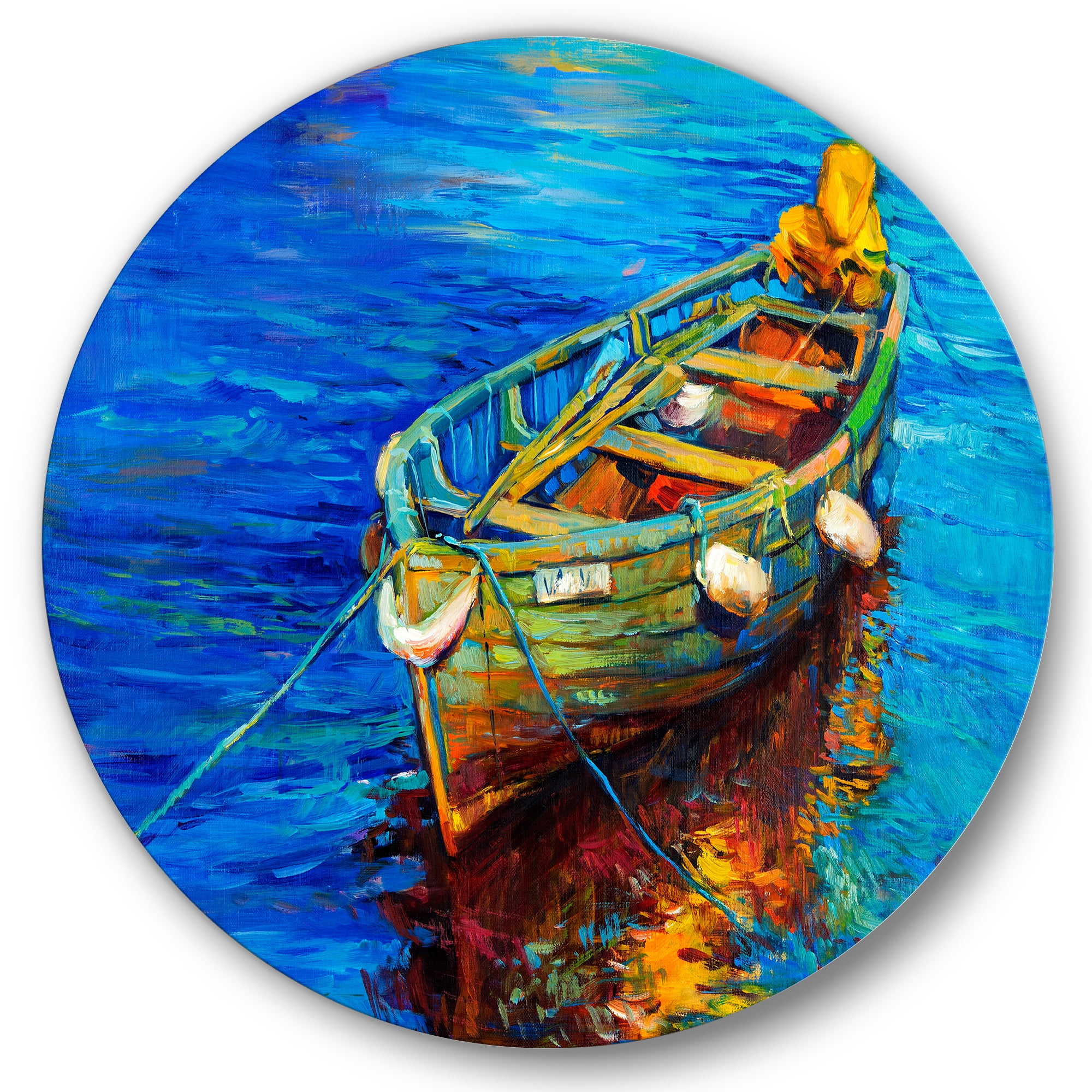 Designart 'Boats During Warm Sunset Resting On The Water IV' Nautical & Coastal Circle Metal Wall Art 29x29 - Disc of 29