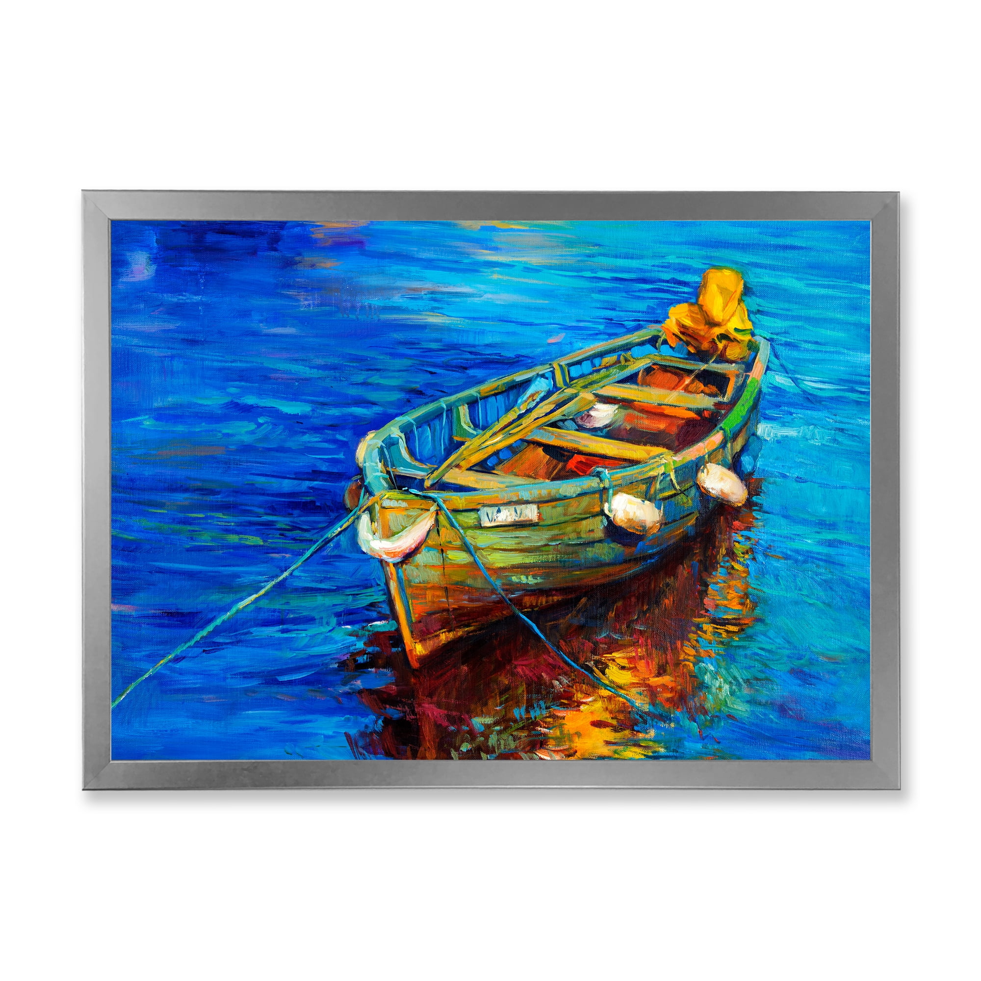 Designart 'Boats During Warm Sunset Resting On The Water IV' Nautical & Coastal Framed Art Print