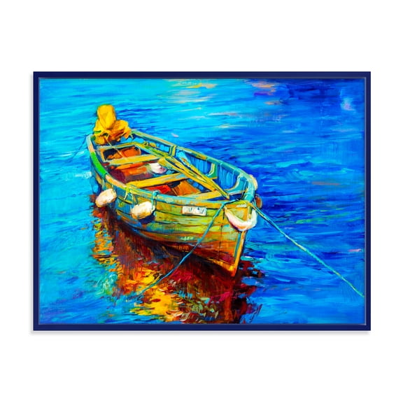 Designart 'Boats During Warm Sunset Resting On The Water IV' Nautical & Coastal Framed Canvas Wall Art Print