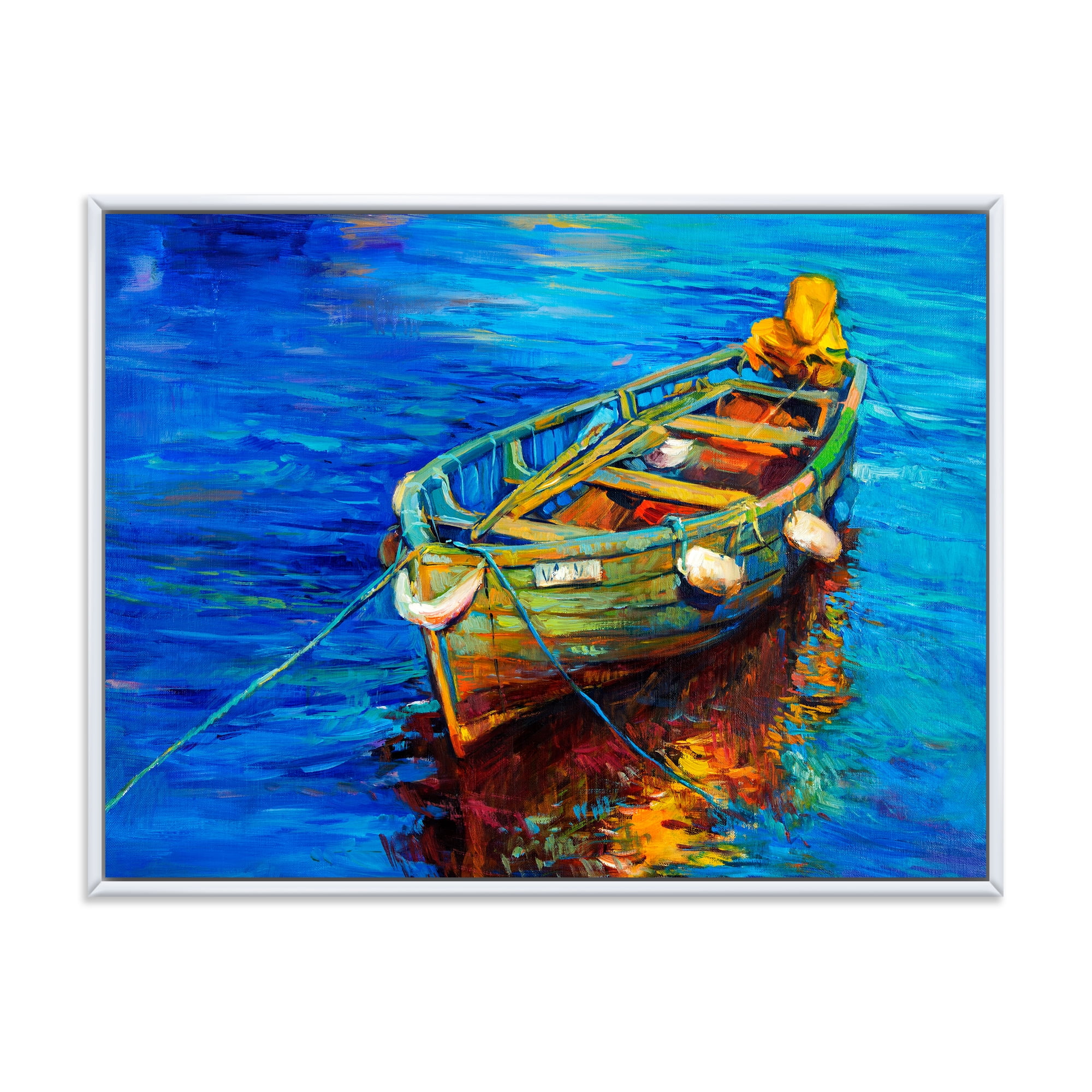 Designart 'Boats During Warm Sunset Resting On The Water IV' Nautical & Coastal Framed Canvas Wall Art Print