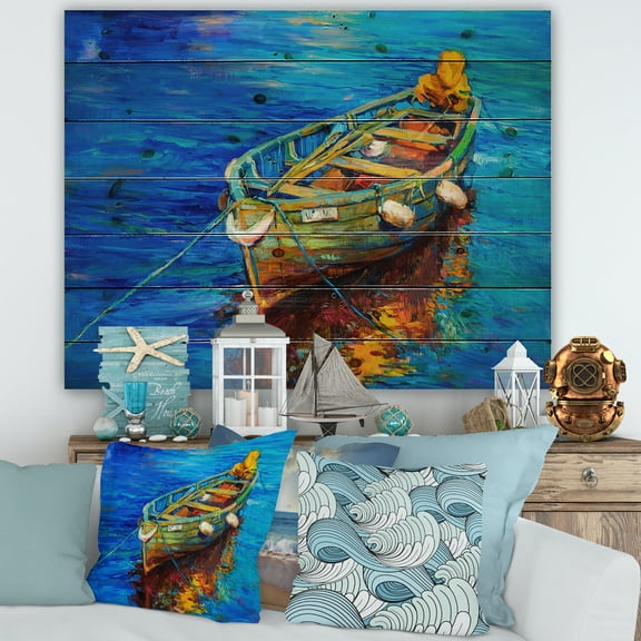 Designart 'Boats During Warm Sunset Resting On The Water IV' Nautical & Coastal Print on Natural Pine Wood