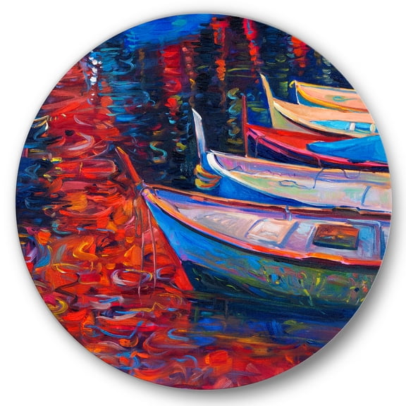 Designart 'Boats During Warm Sunset Resting On The Water IX' Nautical & Coastal Circle Metal Wall Art 11x11 - Disc of 11